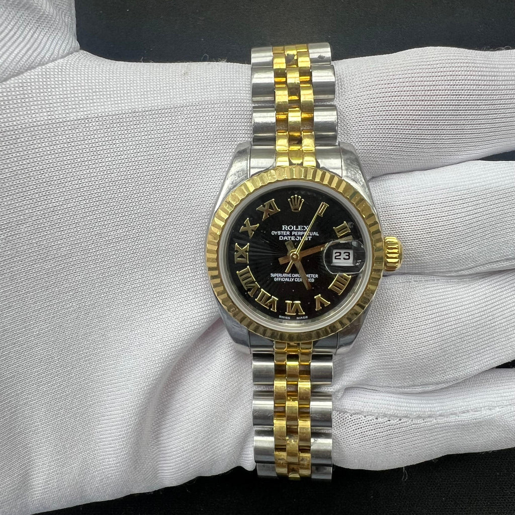 Rolex Lady Date Just 26mm Two-Tone 18K Yellow Gold & Steel Black Roman Dial Ref. 179173