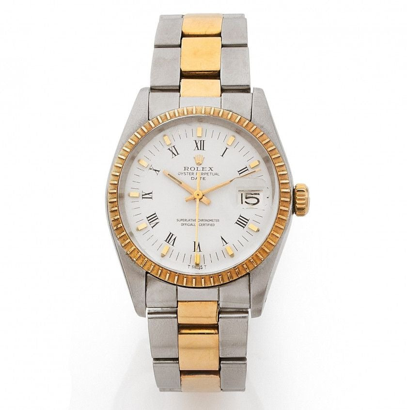 Rolex Oyster Perpetual Date 31mm Two-Tone 18K Yellow Gold & Steel White Roman Dial Ref. 6827