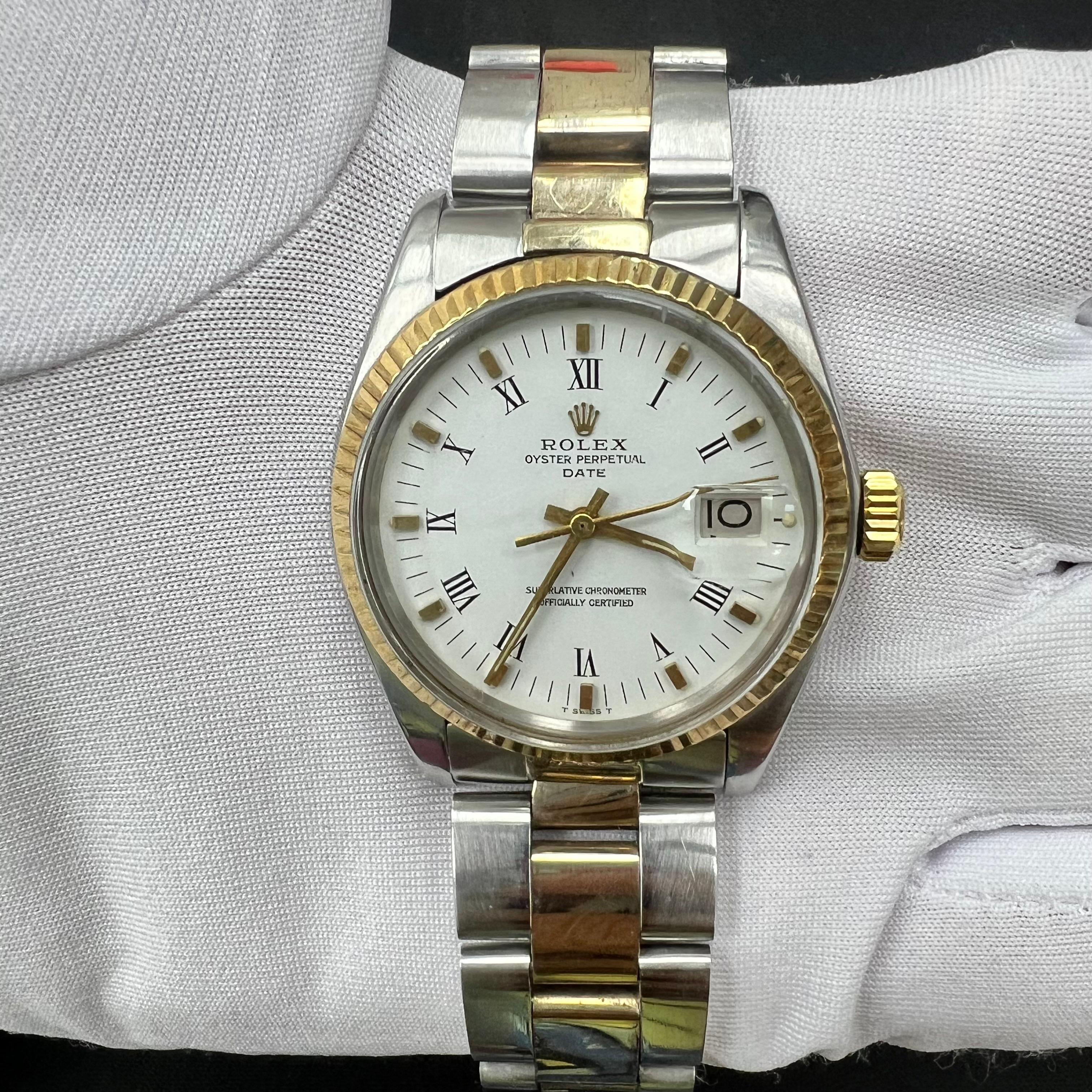 Rolex Oyster Perpetual Date 31mm Two-Tone 18K Yellow Gold & Steel White Roman Dial Ref. 6827