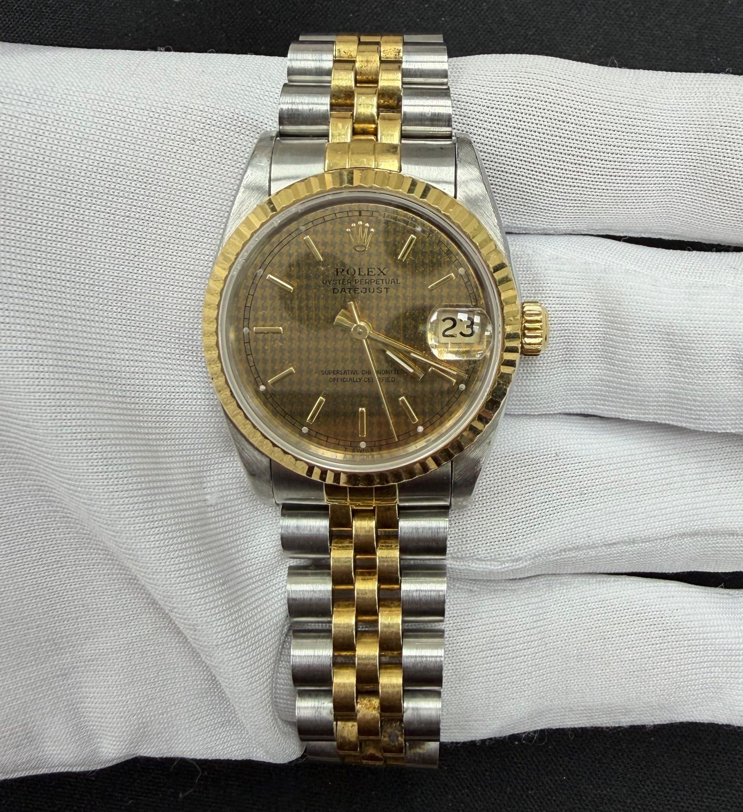 Rolex Datejust 31mm Two-Tone 18K Yellow Gold & Steel Champagne Tapestry Dial Ref. 68273