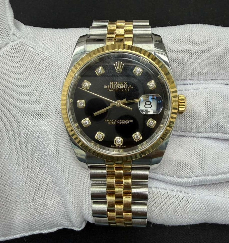 Rolex Datejust 36mm Two-Tone 18K Yellow Gold & Steel Black Diamond Dial Ref. 116233