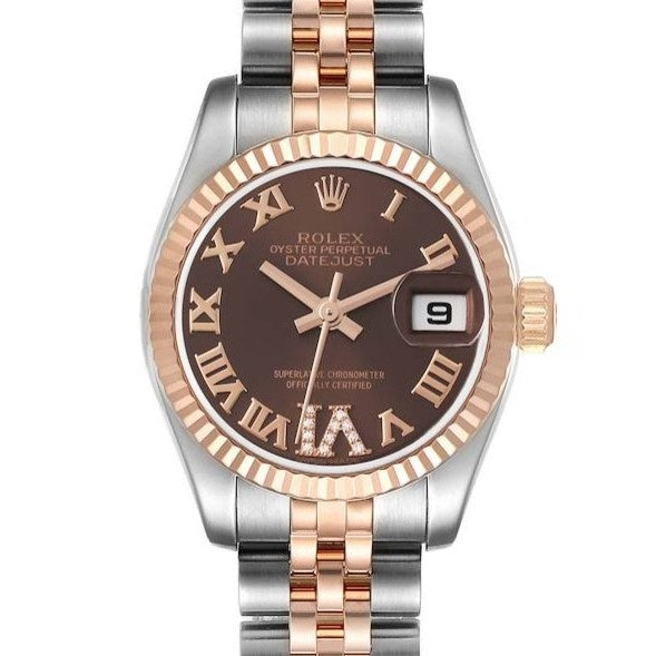 Rolex Datejust 28mm Two-Tone 18K Rose Gold & Steel Chocolate Roman Diamond Dial Ref. 179171