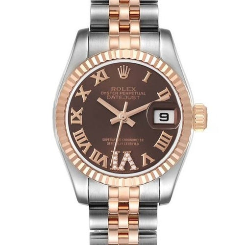 Rolex Datejust 28mm Two-Tone 18K Rose Gold & Steel Chocolate Roman Diamond Dial Ref. 179171