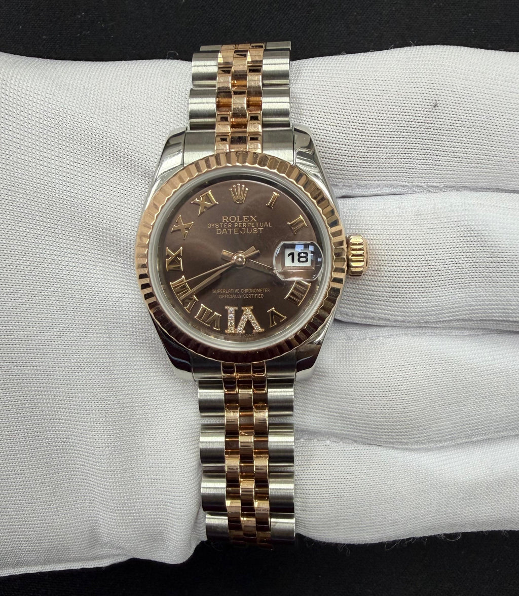 Rolex Datejust 28mm Two-Tone 18K Rose Gold & Steel Chocolate Roman Diamond Dial Ref. 179171