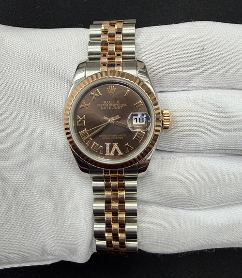 Rolex Datejust 28mm Two-Tone 18K Rose Gold & Steel Chocolate Roman Diamond Dial Ref. 179171