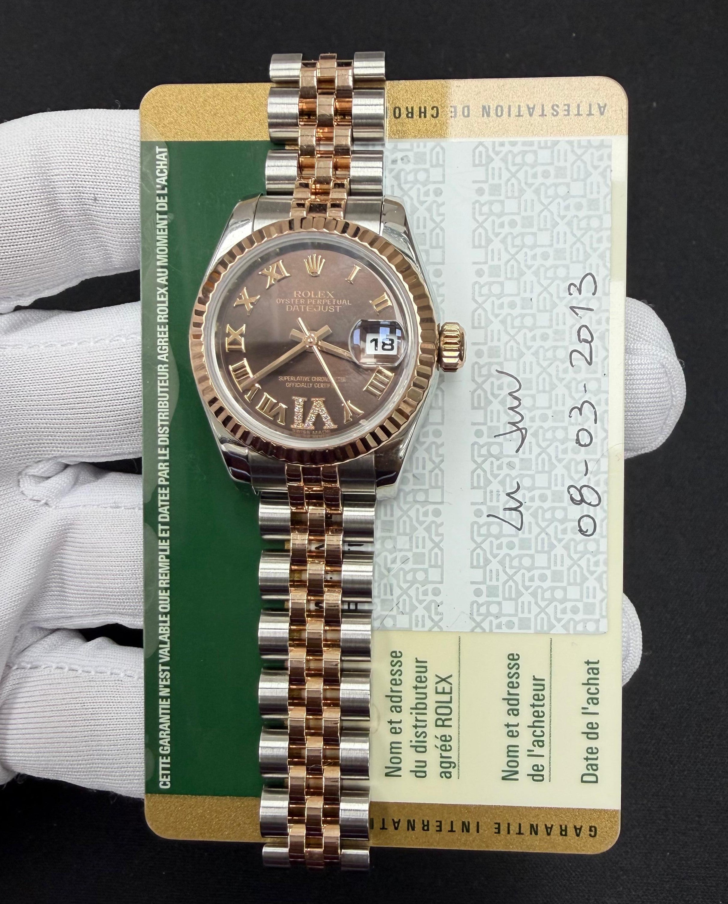 Rolex Datejust 28mm Two-Tone 18K Rose Gold & Steel Chocolate Roman Diamond Dial Ref. 179171