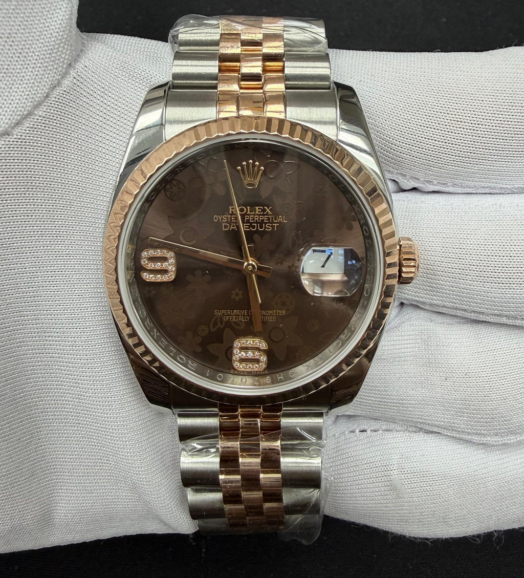 Rolex Datejust 36mm Two-Tone 18K Rose Gold & Steel Chocolate Floral Diamond Dial Ref. 116231