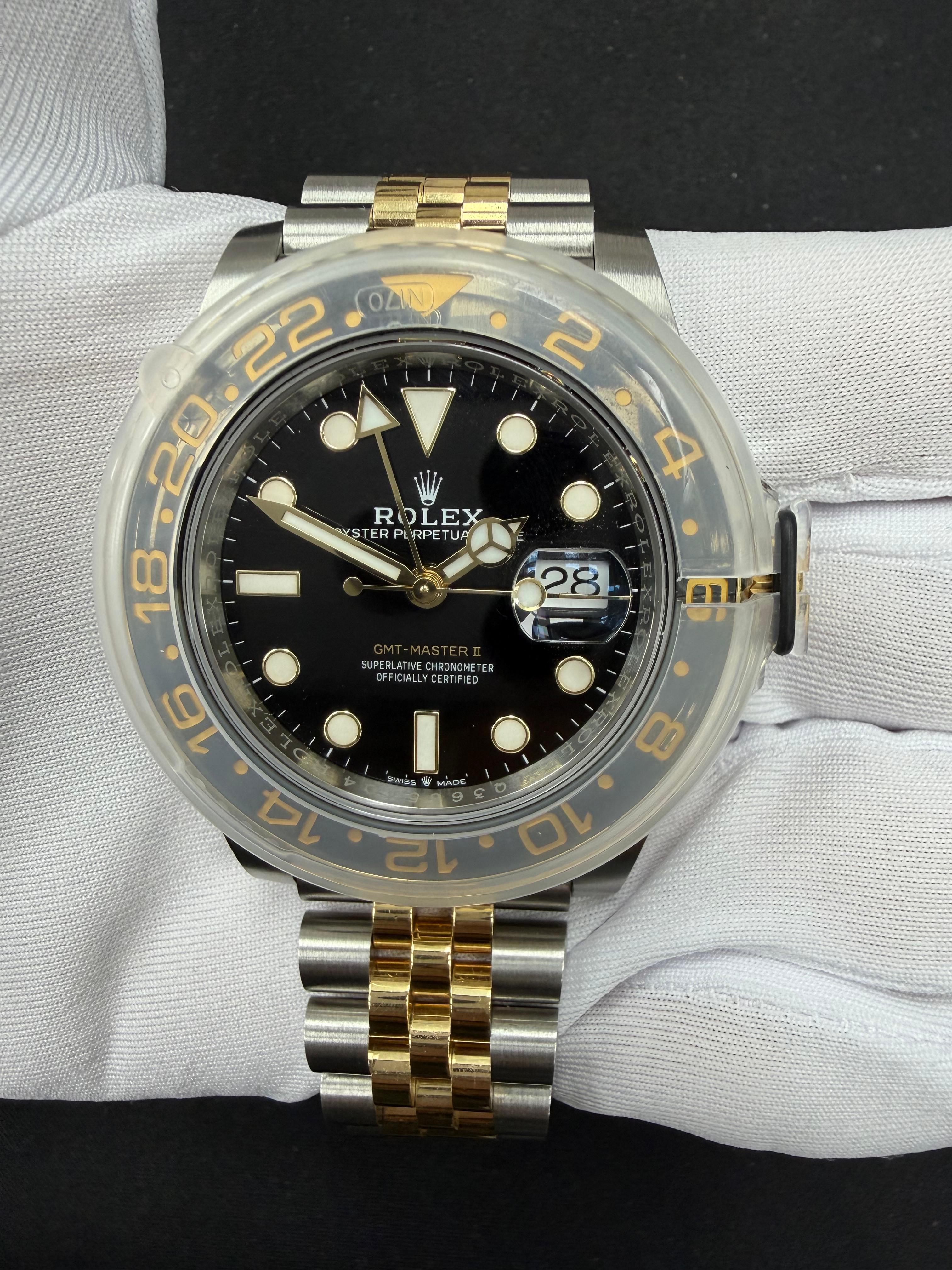 Rolex GMT Master II 40mm Two-Tone 18K Yellow Gold & Steel Black Dial Ref. 126713GRNR