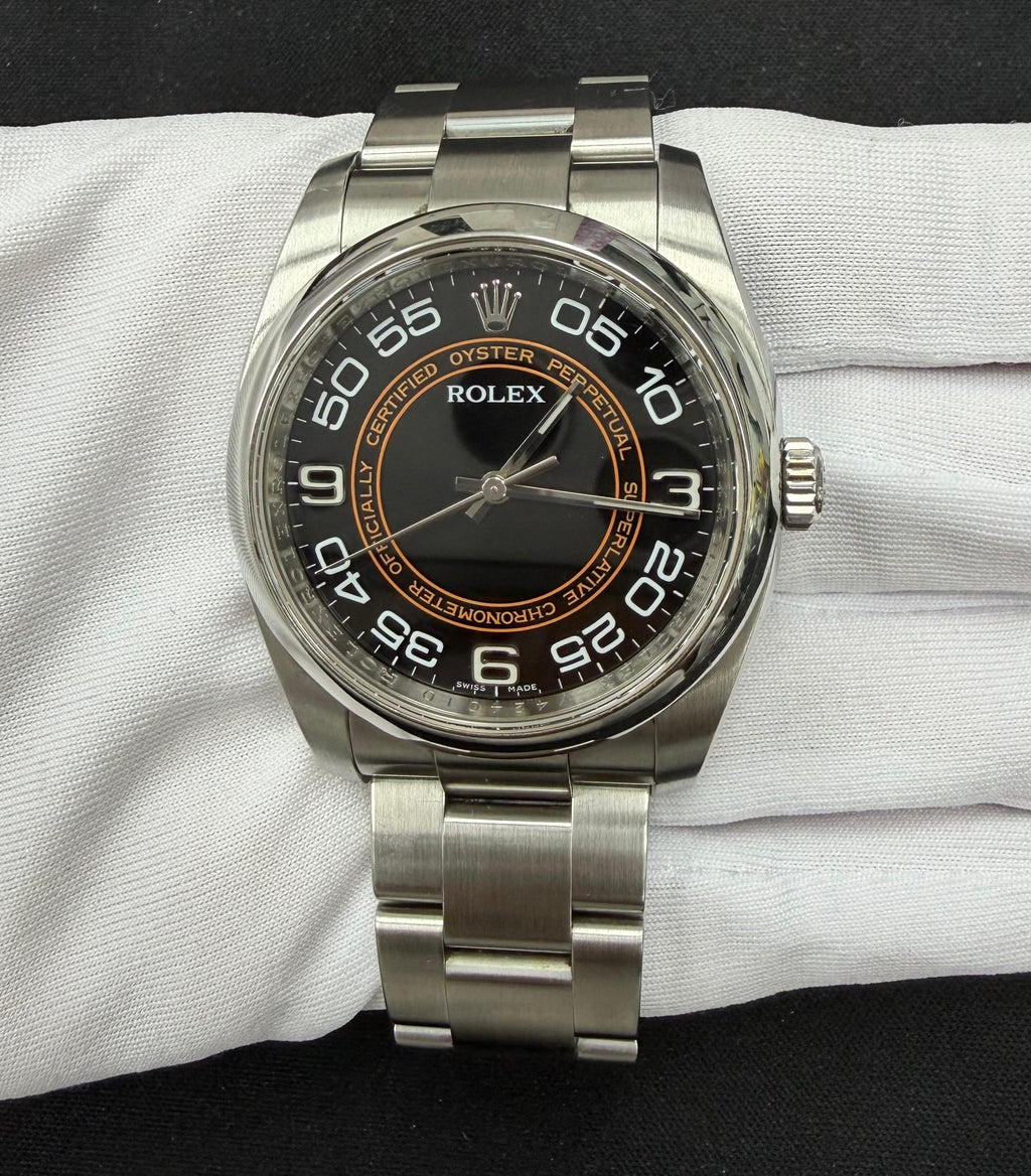 Rolex Oyster Perpetual 36mm Stainless Steel Black Orange Concentric Dial Ref. 116000