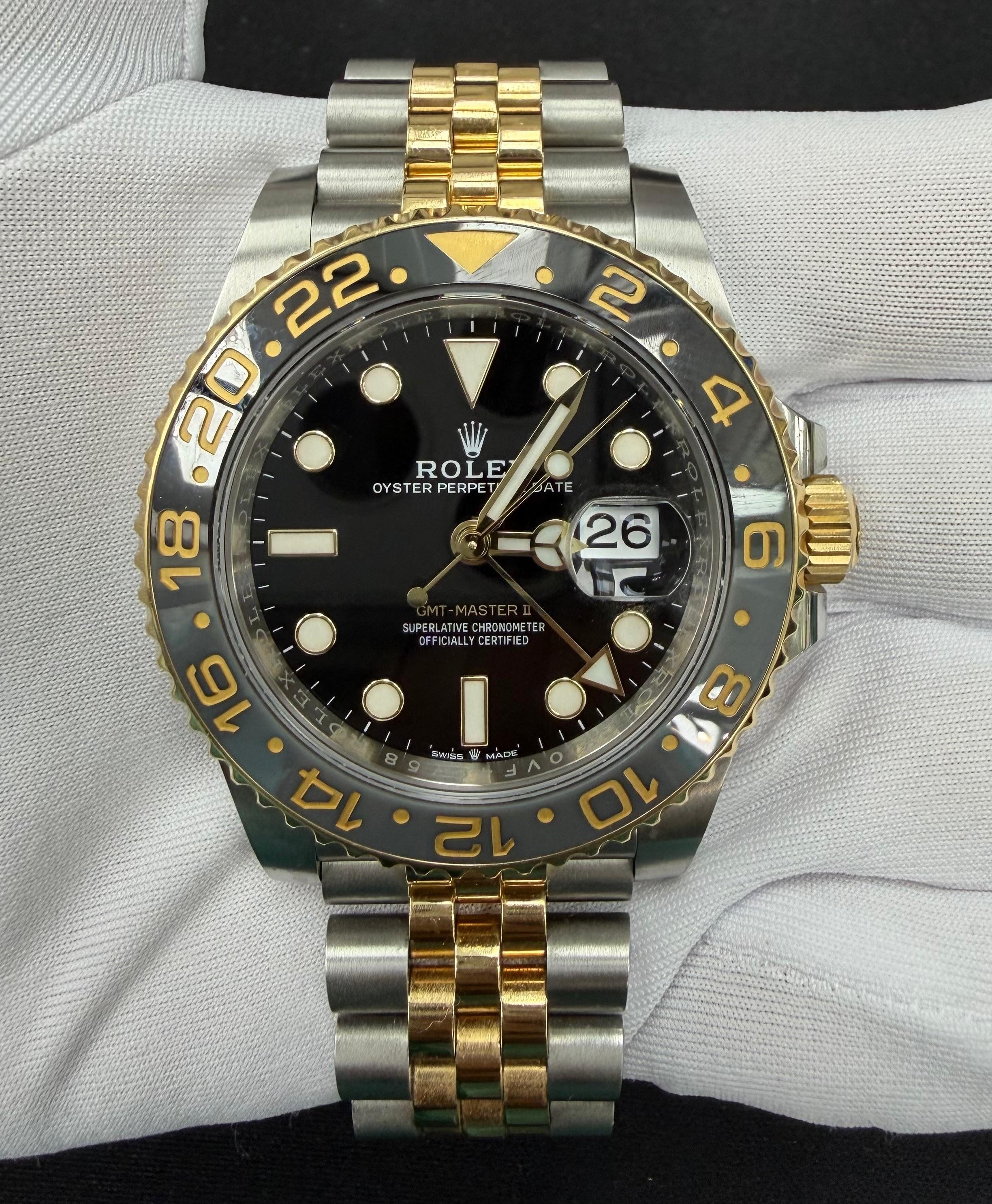 Rolex GMT Master II 40mm Two-Tone 18K Yellow Gold & Steel Black Dial Ref. 126713GRNR