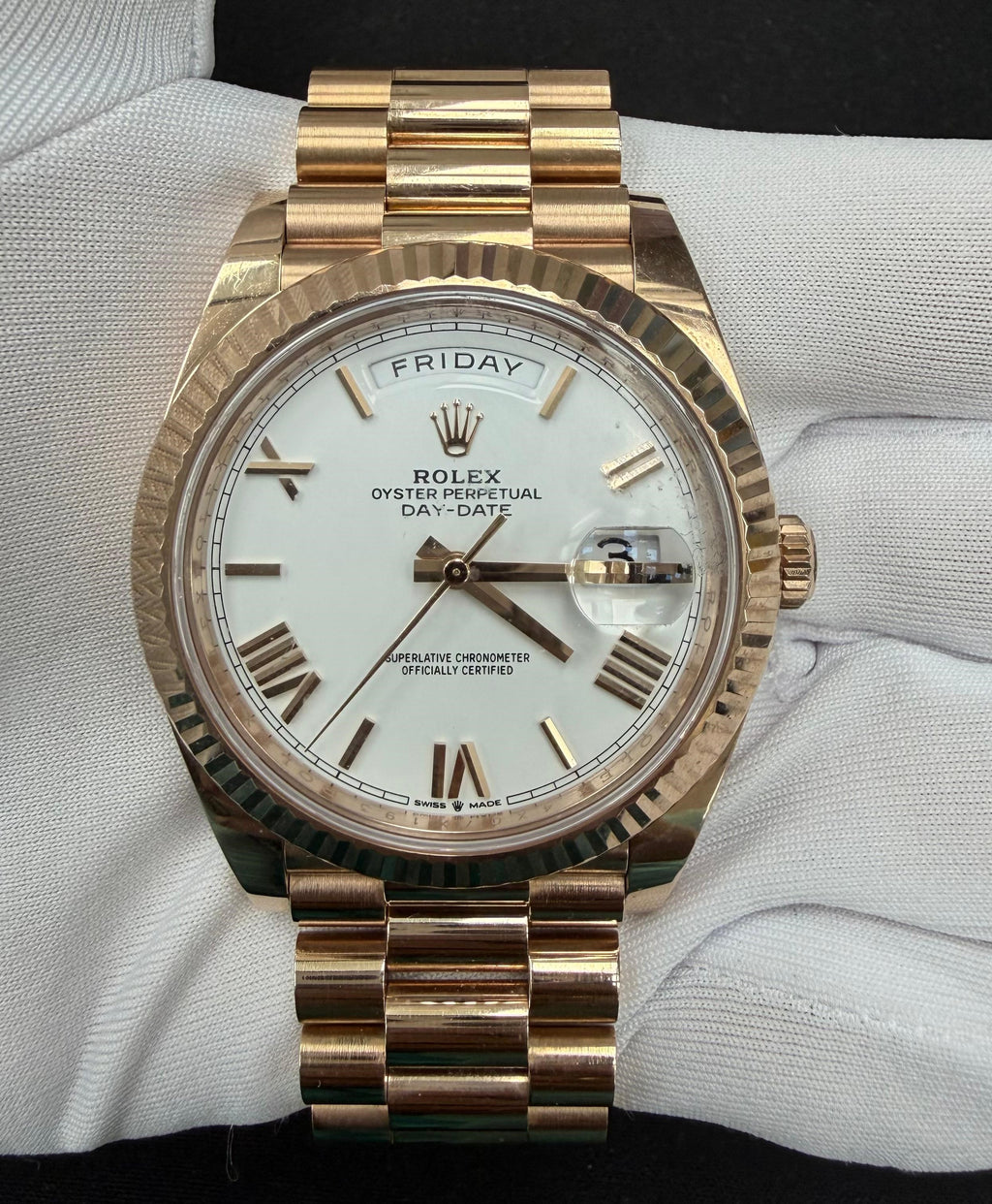 Rolex Day-Date 40mm 18K Rose Gold White Roman Dial Ref. 228235