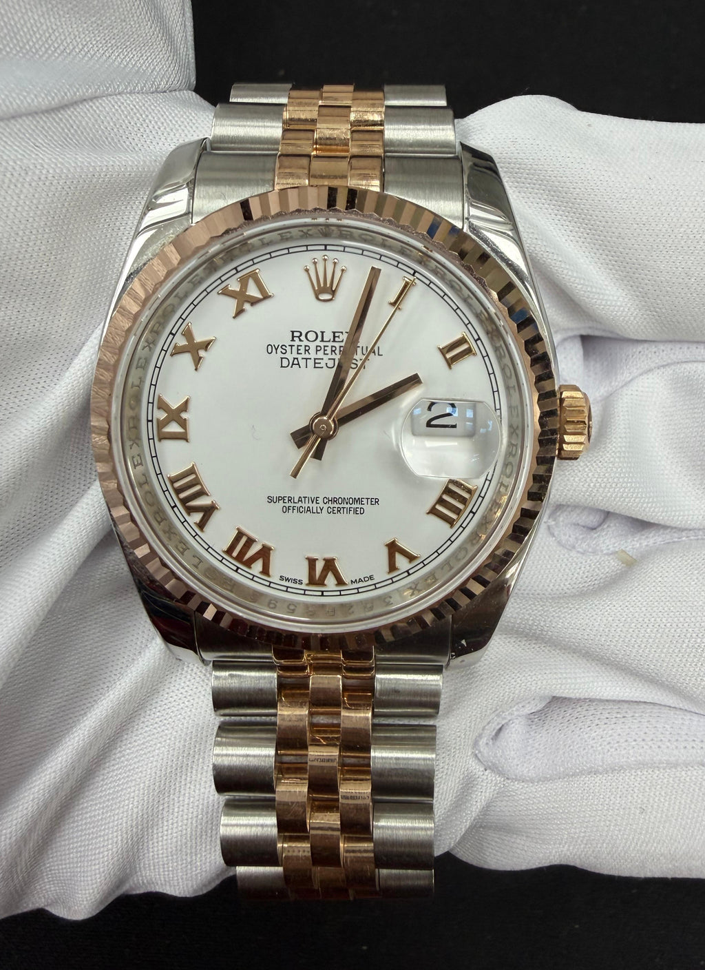 Rolex Datejust 36mm Two-Tone 18K Rose Gold & Steel White Roman Dial Ref. 116231