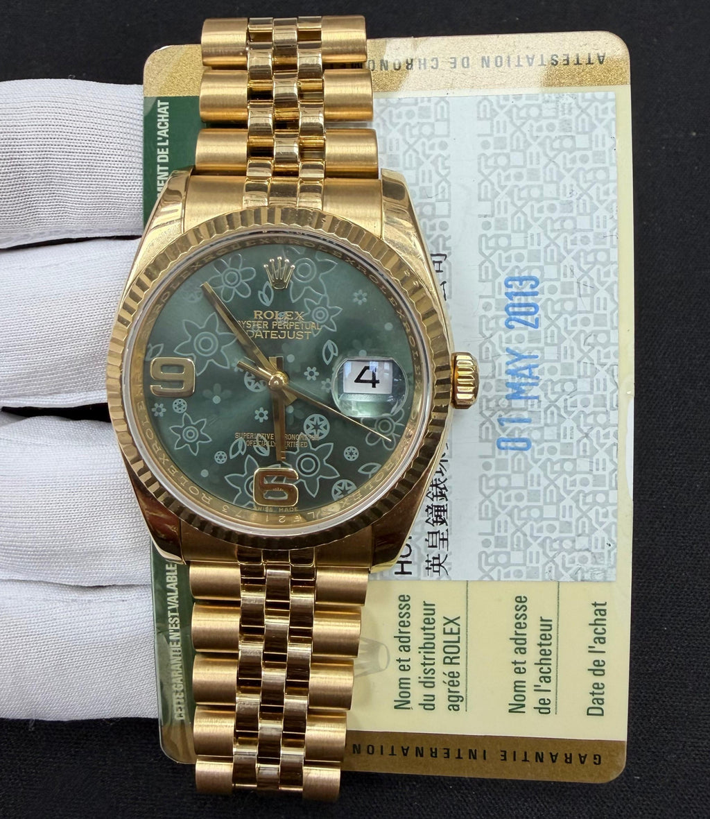 Rolex Datejust 36mm 18K Yellow Gold Green Floral Dial Ref. 116238