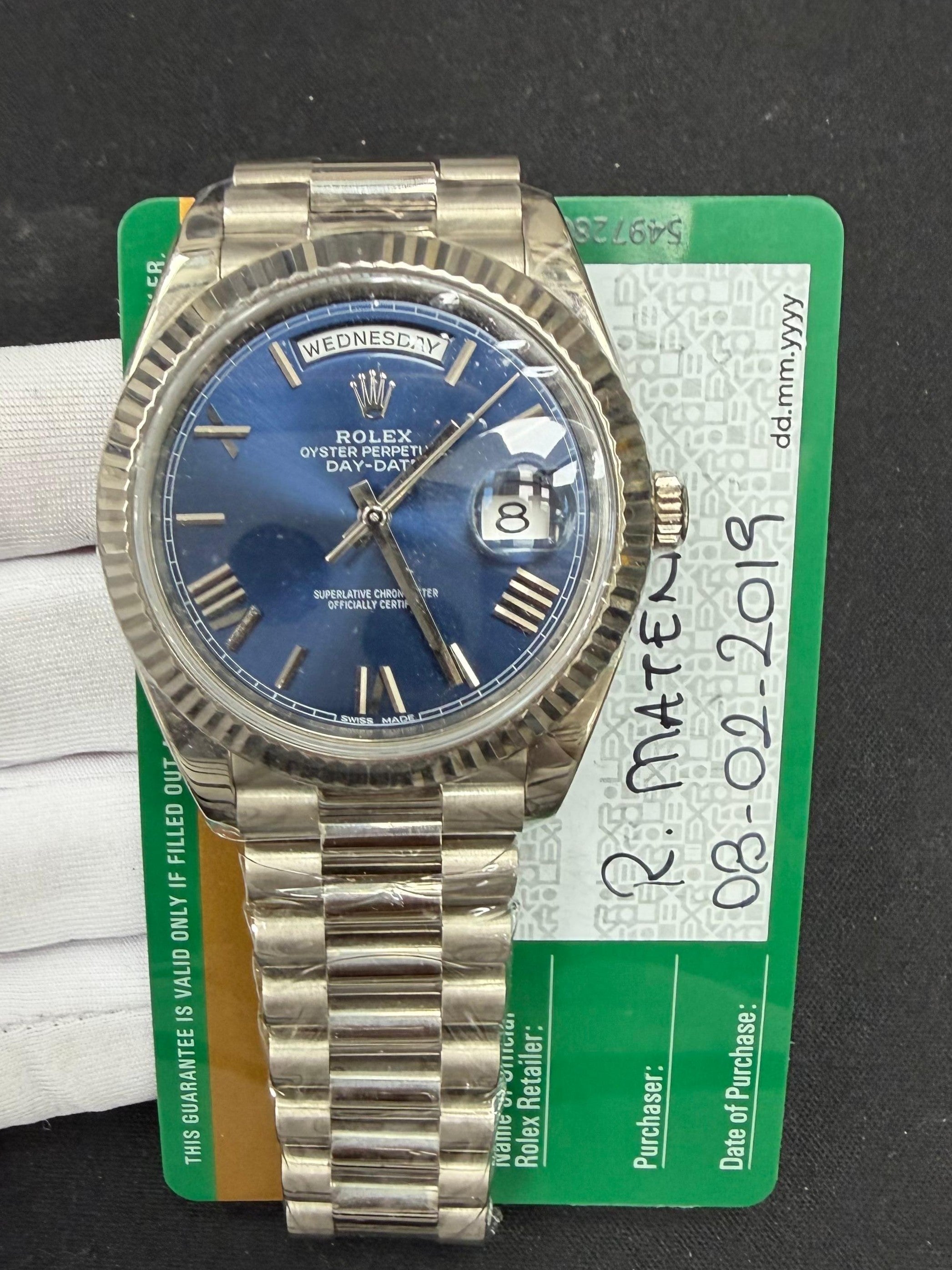 Rolex Day-Date 40mm 18K White Gold Blue Roman Dial Ref. 228239