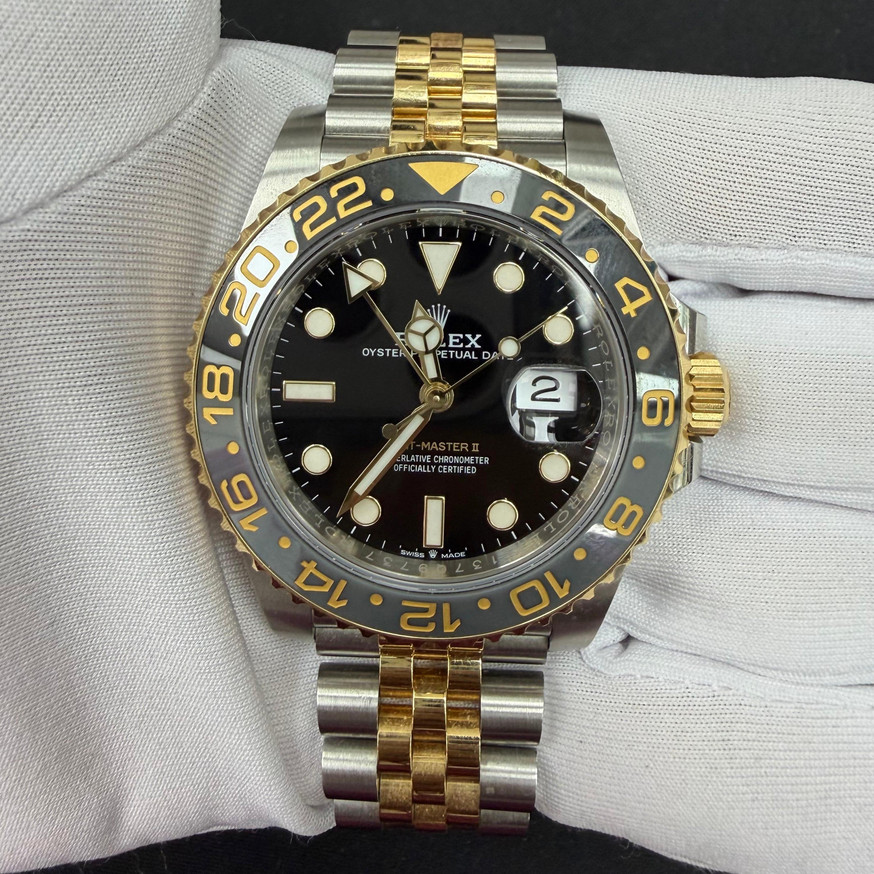 Rolex GMT Master II 40mm Two-Tone 18K Yellow Gold & Steel Black Dial Ref. 126713GRNR