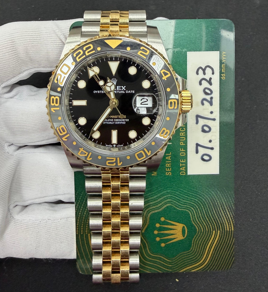 Rolex GMT Master II 40mm Two-Tone 18K Yellow Gold & Steel Black Dial Ref. 126713GRNR