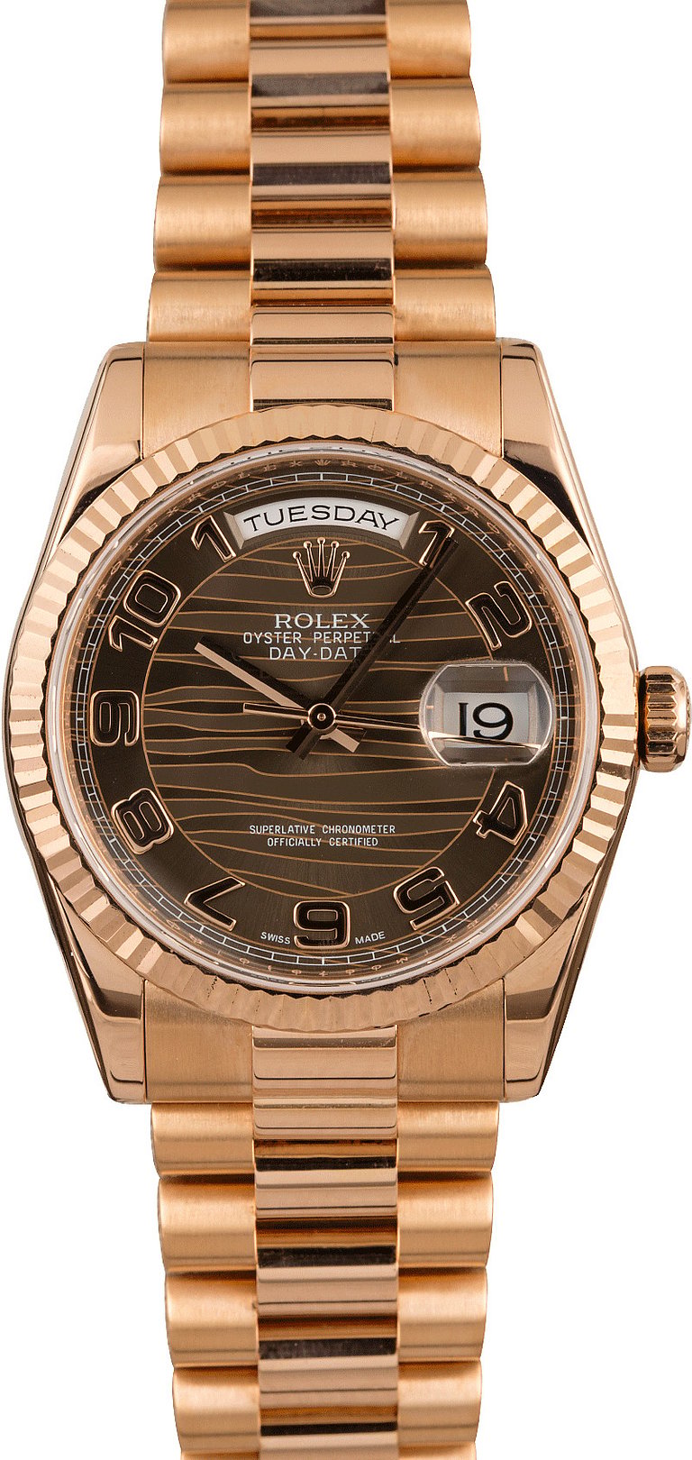Rolex Day-Date 36mm 18K Rose Gold Chocolate Wave Dial Ref. 118205