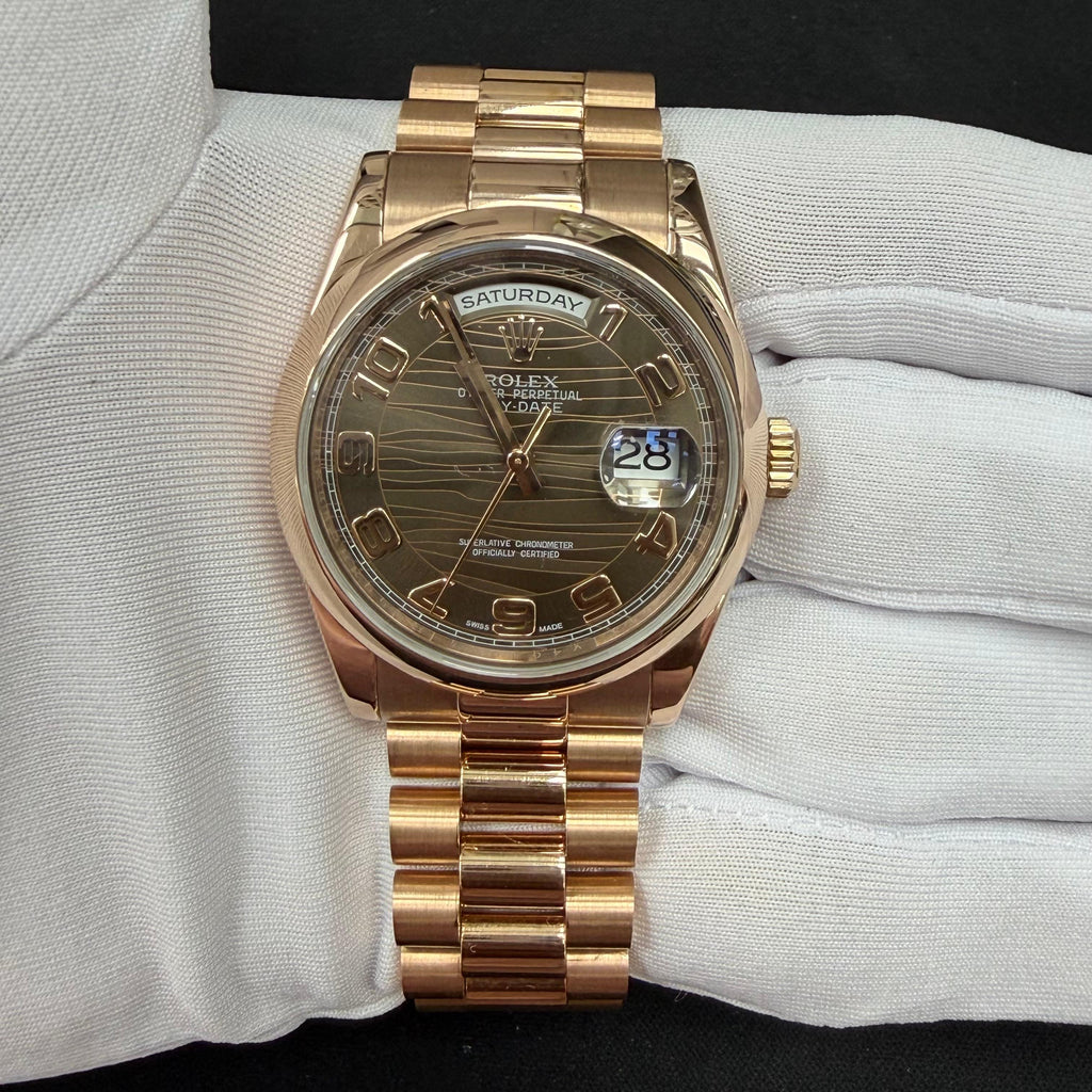 Rolex Day-Date 36mm 18K Rose Gold Chocolate Wave Dial Ref. 118205