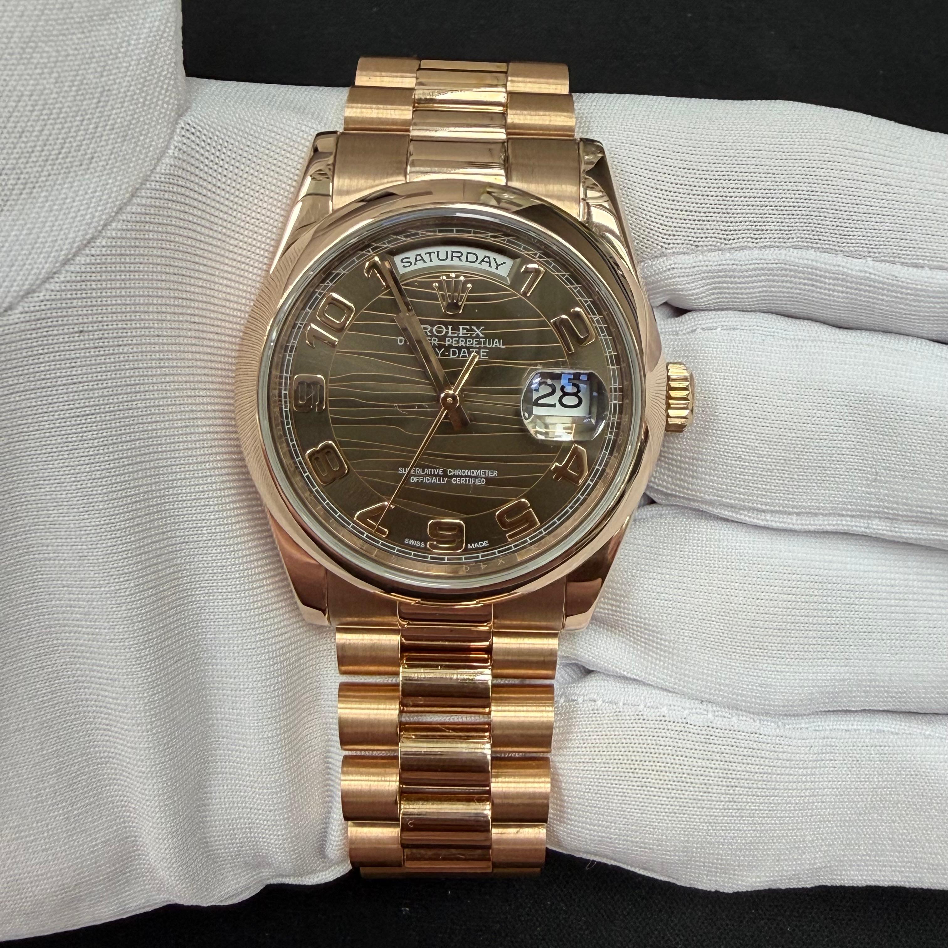 Rolex Day-Date 36mm 18K Rose Gold Chocolate Wave Dial Ref. 118205
