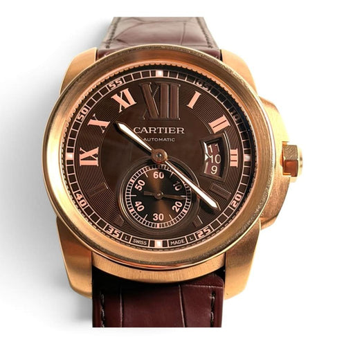 Cartier Calibre 42mm 18K Rose Gold Chocolate Roman Dial Ref. W7100007