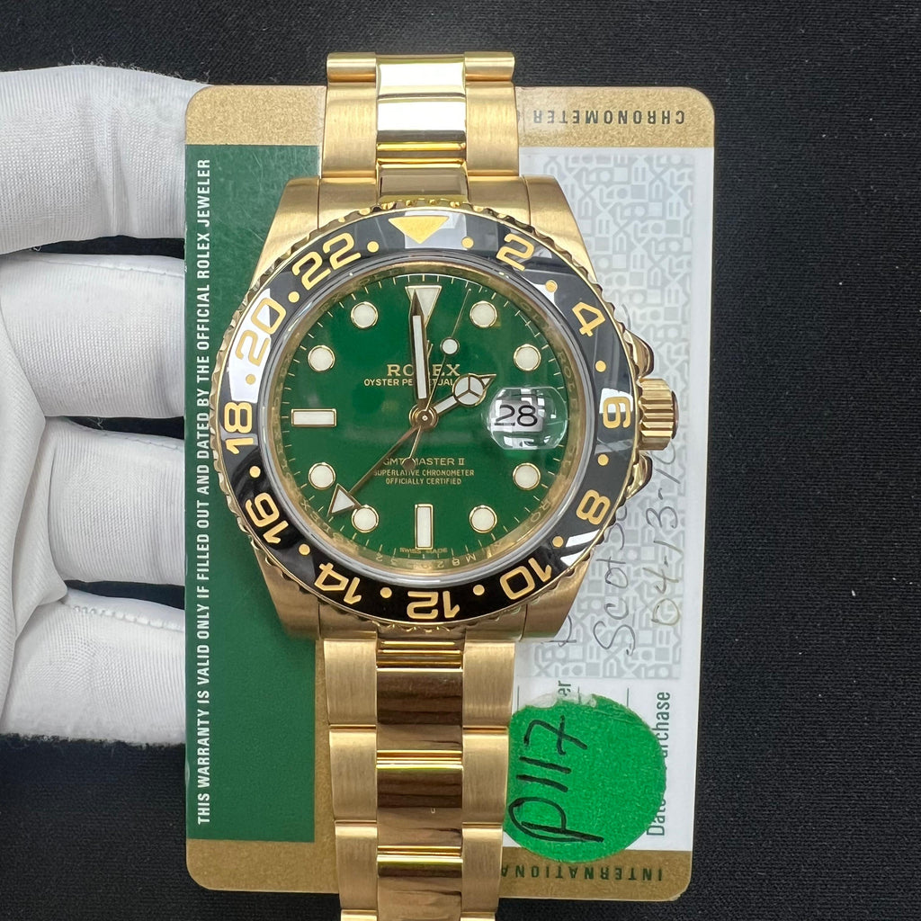 Rolex GMT Master II 40mm 18K Yellow Gold Green Dial Ref. 116718LN