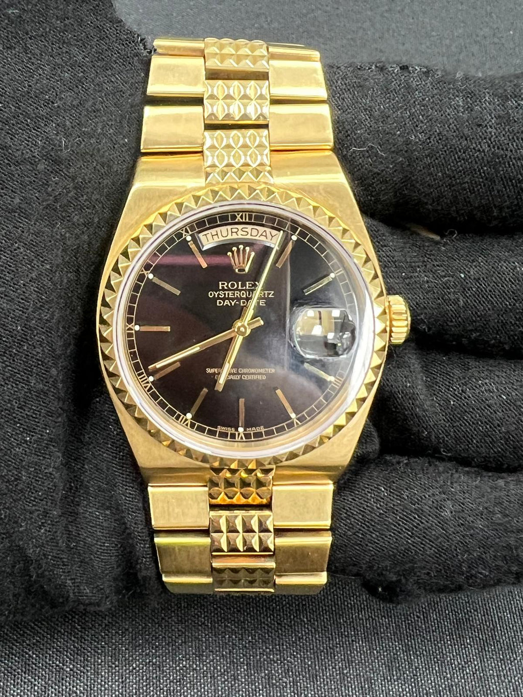 Rolex Day-Date Oysterquartz 36mm 18K Yellow Gold Black Dial Ref. 19028