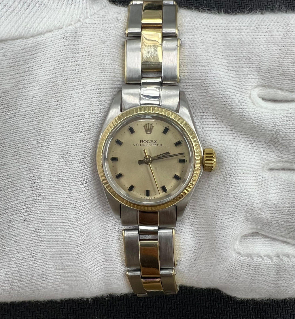 Rolex Oyster Perpetual 24mm Two-Tone 18K Yellow Gold & Steel Champagne Dial Ref. 76193