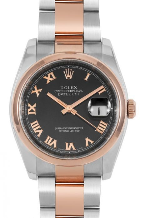 Rolex Datejust 36mm Two-Tone 18K Rose Gold & Steel Black Roman Dial Ref. 116201