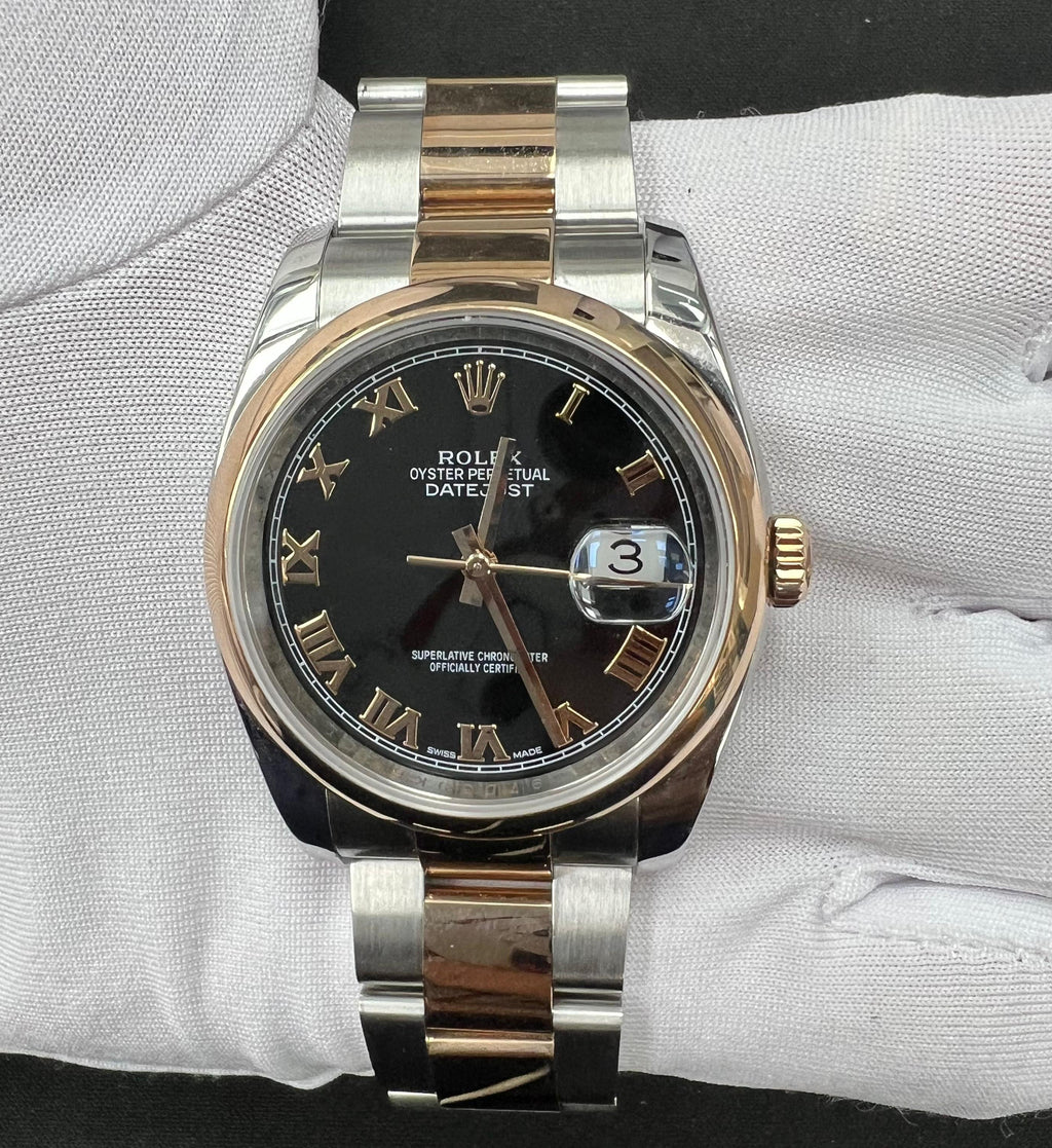 Rolex Datejust 36mm Two-Tone 18K Rose Gold & Steel Black Roman Dial Ref. 116201