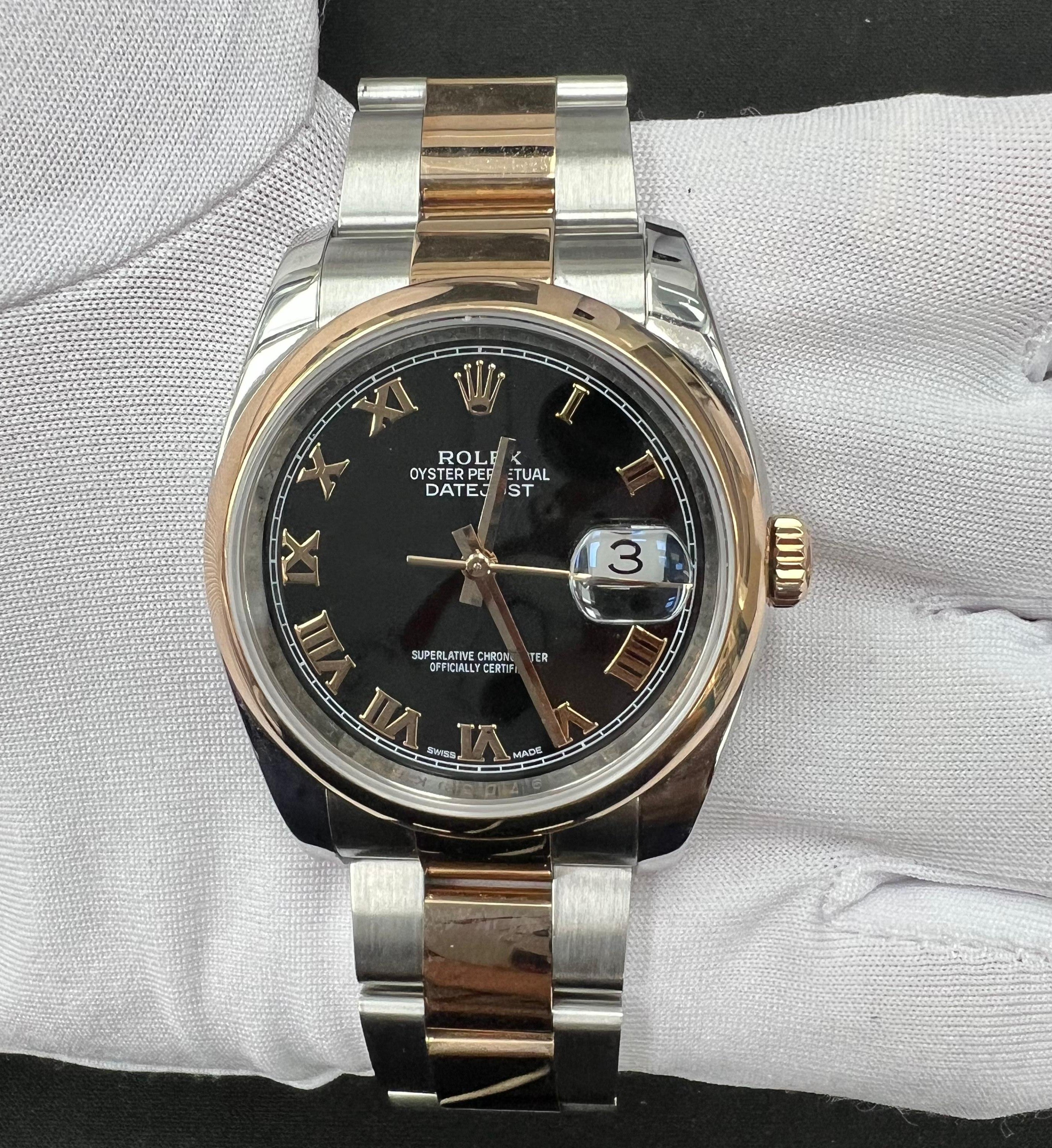 Rolex Datejust 36mm Two-Tone 18K Rose Gold & Steel Black Roman Dial Ref. 116201