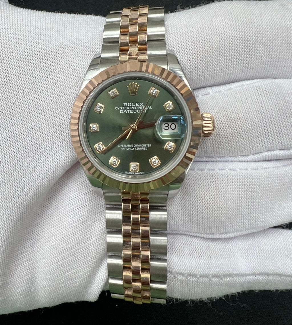 Rolex Lady Date Just 28mm Two-Tone 18K Rose Gold & Steel Olive Green Diamond Dial Ref. 279171