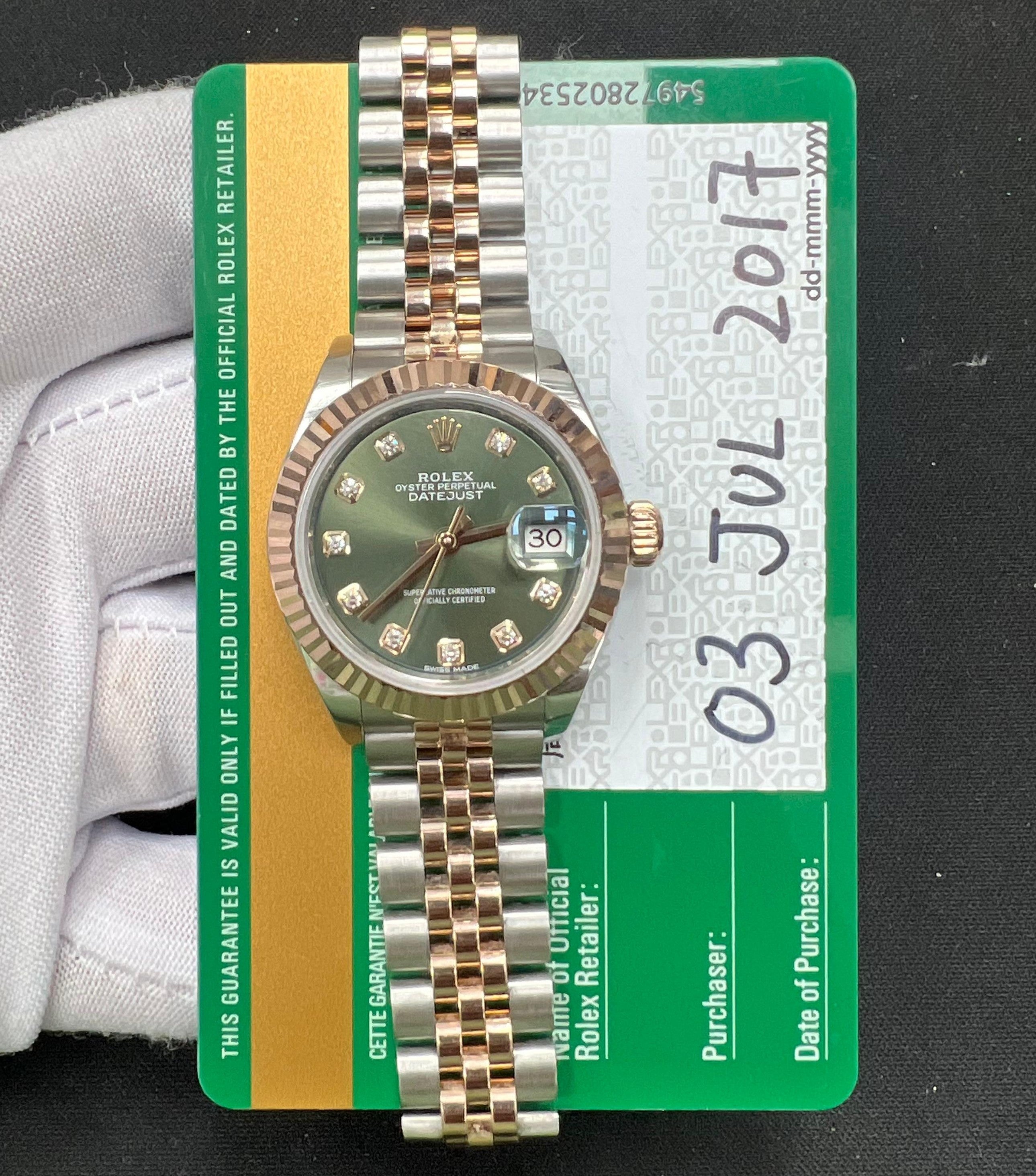 Rolex Lady Date Just 28mm Two-Tone 18K Rose Gold & Steel Olive Green Diamond Dial Ref. 279171