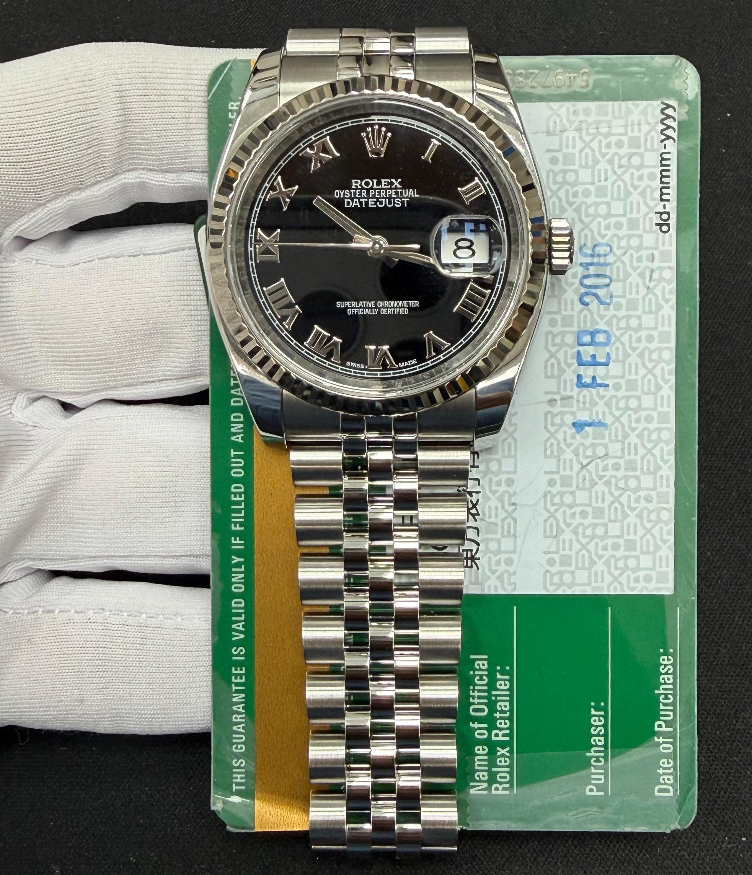 Rolex Datejust 36mm Stainless Steel Black Roman Dial Ref. 116234