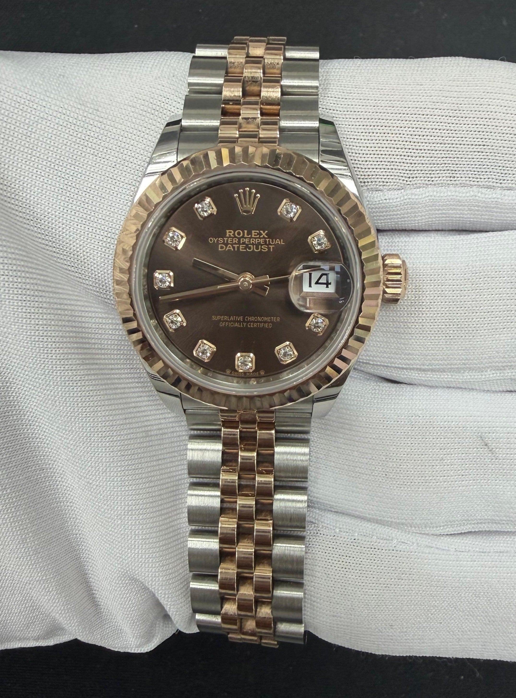 Rolex Lady Date Just 28mm Two-Tone 18K Rose Gold & Steel Chocolate Diamond Dial Ref. 279171