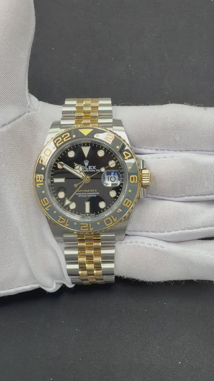 Rolex GMT Master II 40mm Two-Tone 18K Yellow Gold & Steel Black Dial Ref. 126713GRNR
