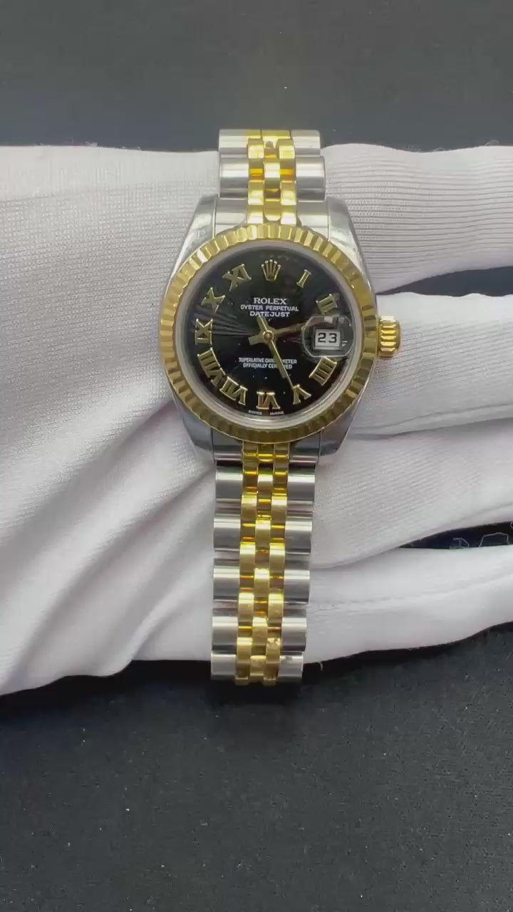 Rolex Lady Date Just 26mm Two-Tone 18K Yellow Gold & Steel Black Roman Dial Ref. 179173