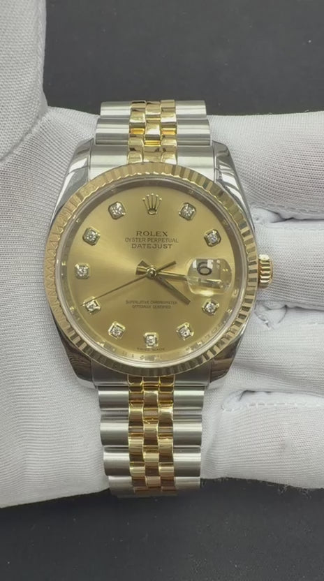 Rolex Datejust 36mm Two-Tone 18K Yellow Gold & Steel Champagne Diamond Dial Ref. 116233