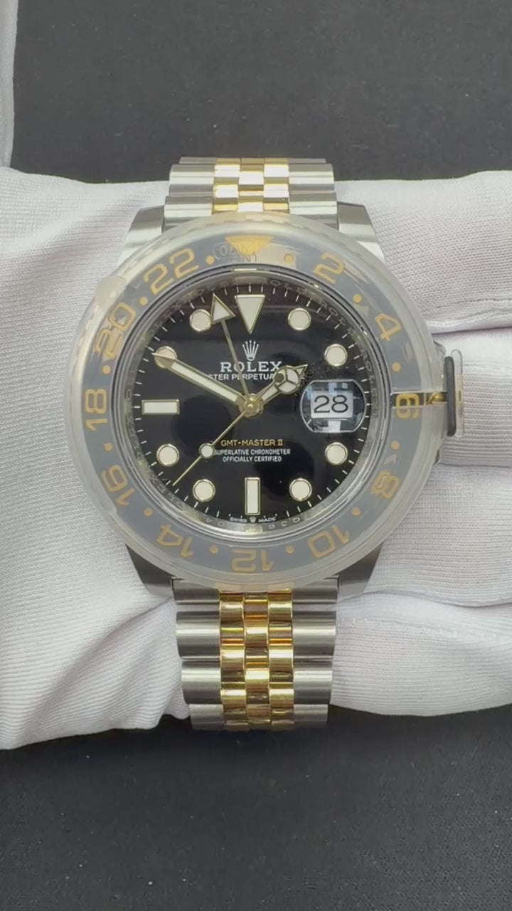 Rolex GMT Master II 40mm Two-Tone 18K Yellow Gold & Steel Black Dial Ref. 126713GRNR