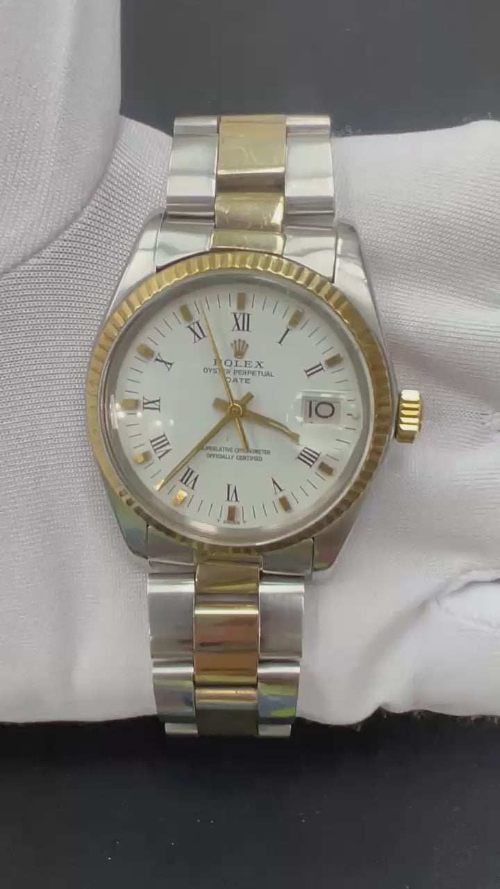 Rolex Oyster Perpetual Date 31mm Two-Tone 18K Yellow Gold & Steel White Roman Dial Ref. 6827