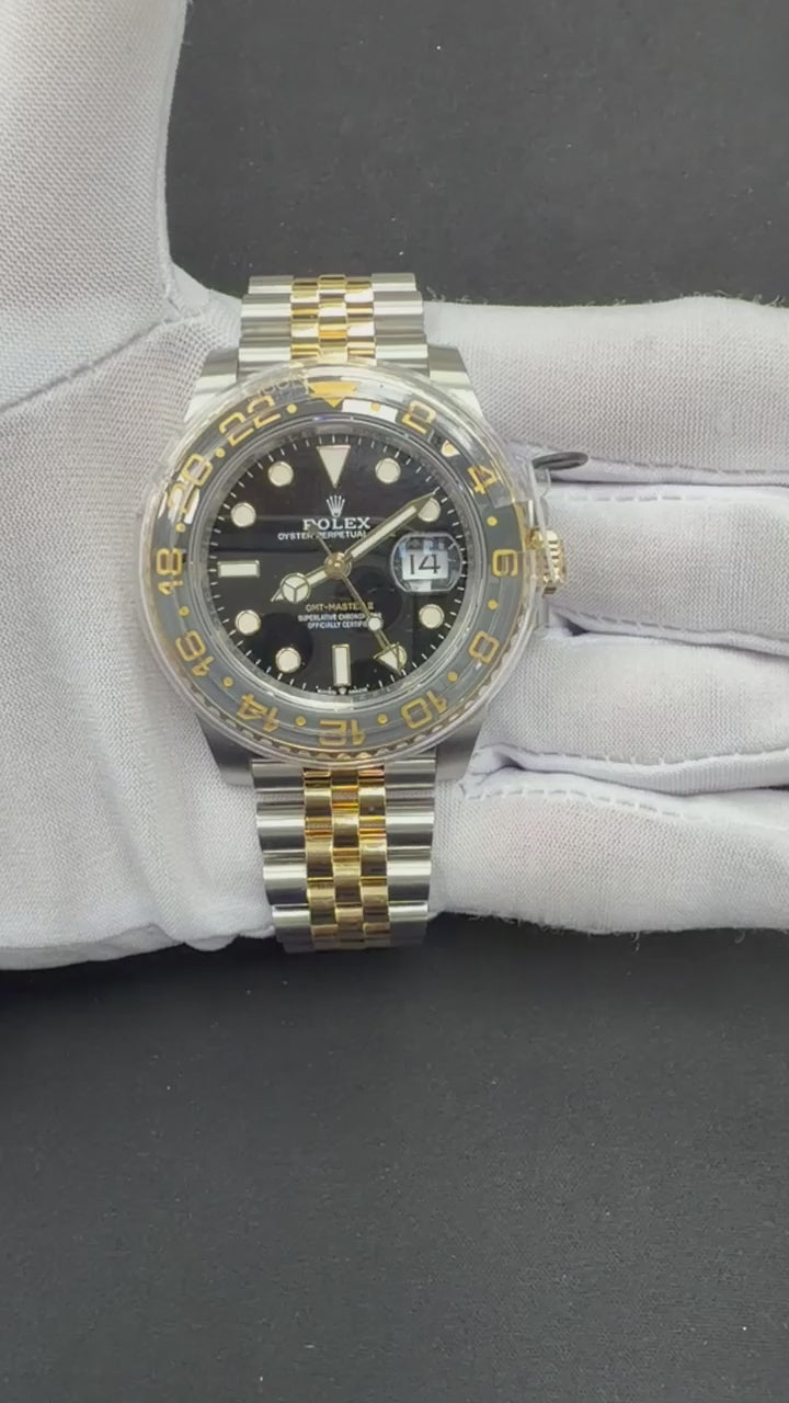 Rolex GMT Master II 40mm Two-Tone 18K Yellow Gold & Steel Black Dial Ref. 126713GRNR