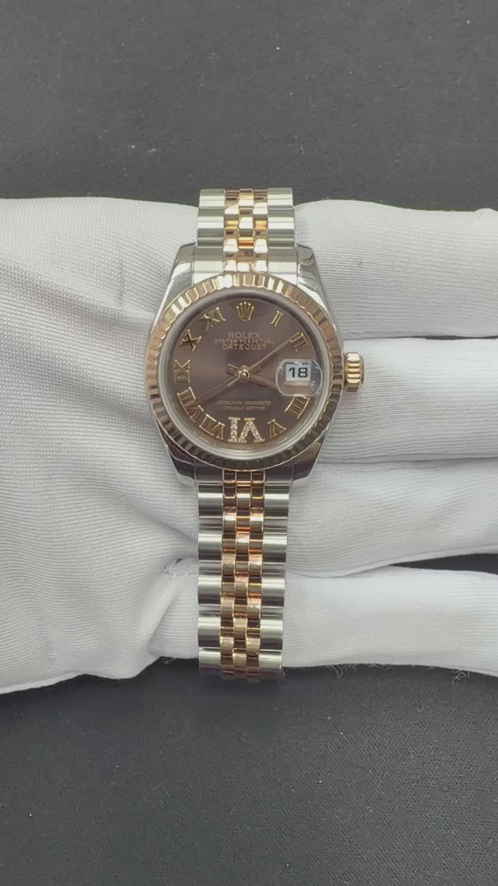 Rolex Datejust 28mm Two-Tone 18K Rose Gold & Steel Chocolate Roman Diamond Dial Ref. 179171
