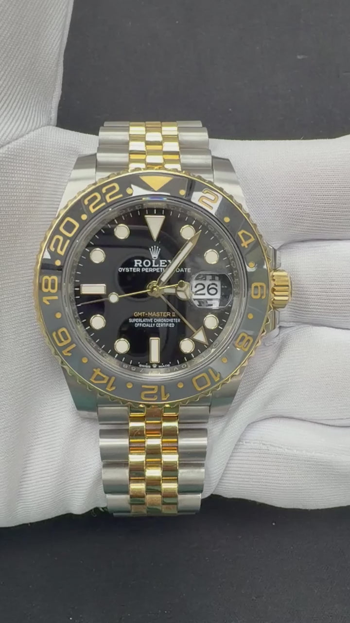 Rolex GMT Master II 40mm Two-Tone 18K Yellow Gold & Steel Black Dial Ref. 126713GRNR