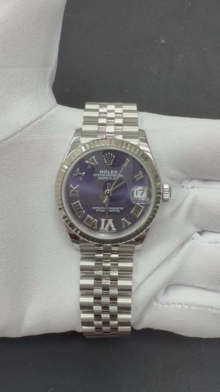 Rolex Datejust 31mm Stainless Steel Aubergine Roman Diamond Dial Ref. 278274