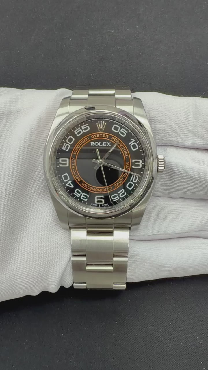 Rolex Oyster Perpetual 36mm Stainless Steel Black Orange Concentric Dial Ref. 116000