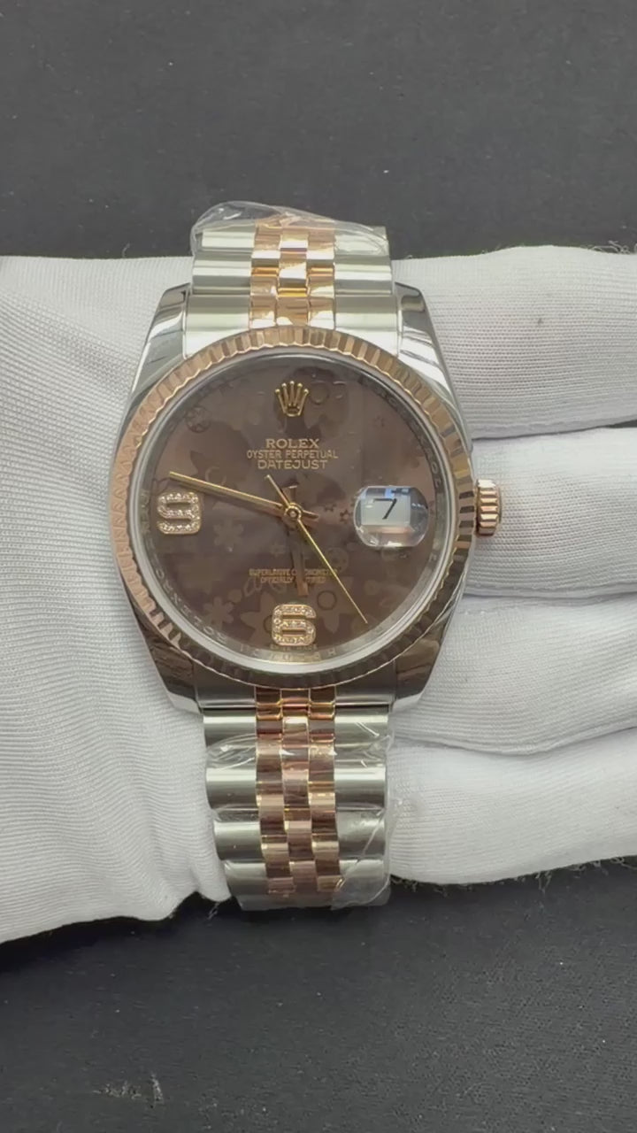 Rolex Datejust 36mm Two-Tone 18K Rose Gold & Steel Chocolate Floral Diamond Dial Ref. 116231