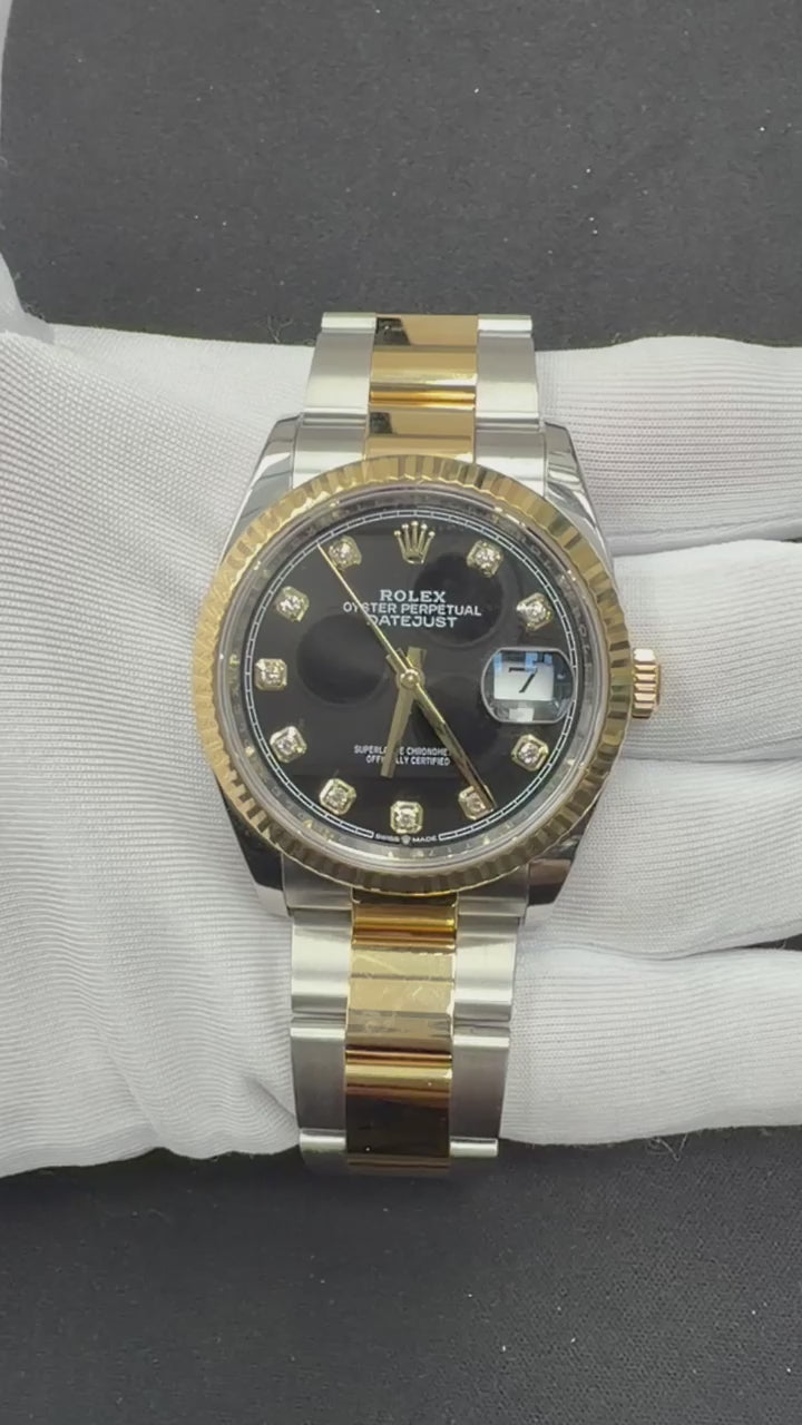 Rolex Datejust 36mm Two-Tone 18K Yellow Gold & Steel Black Diamond Dial Ref. 126233