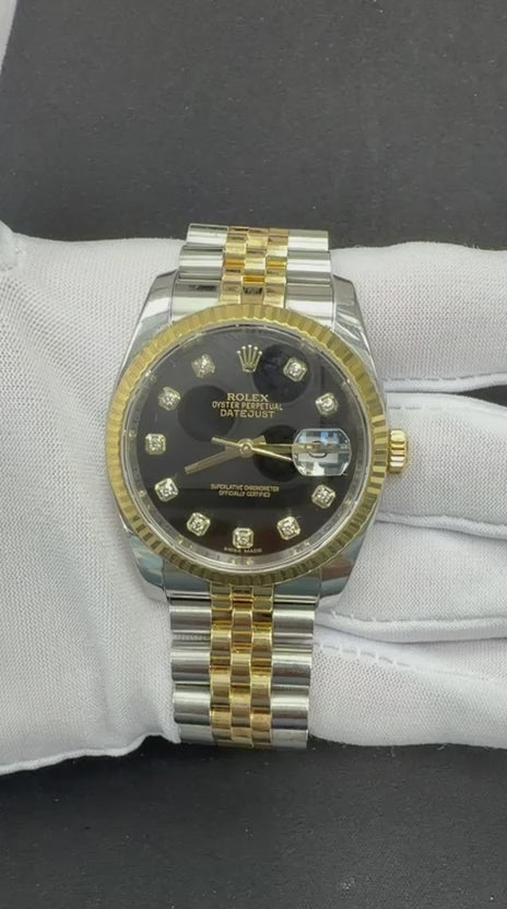 Rolex Datejust 36mm Two-Tone 18K Yellow Gold & Steel Black Diamond Dial Ref. 116233